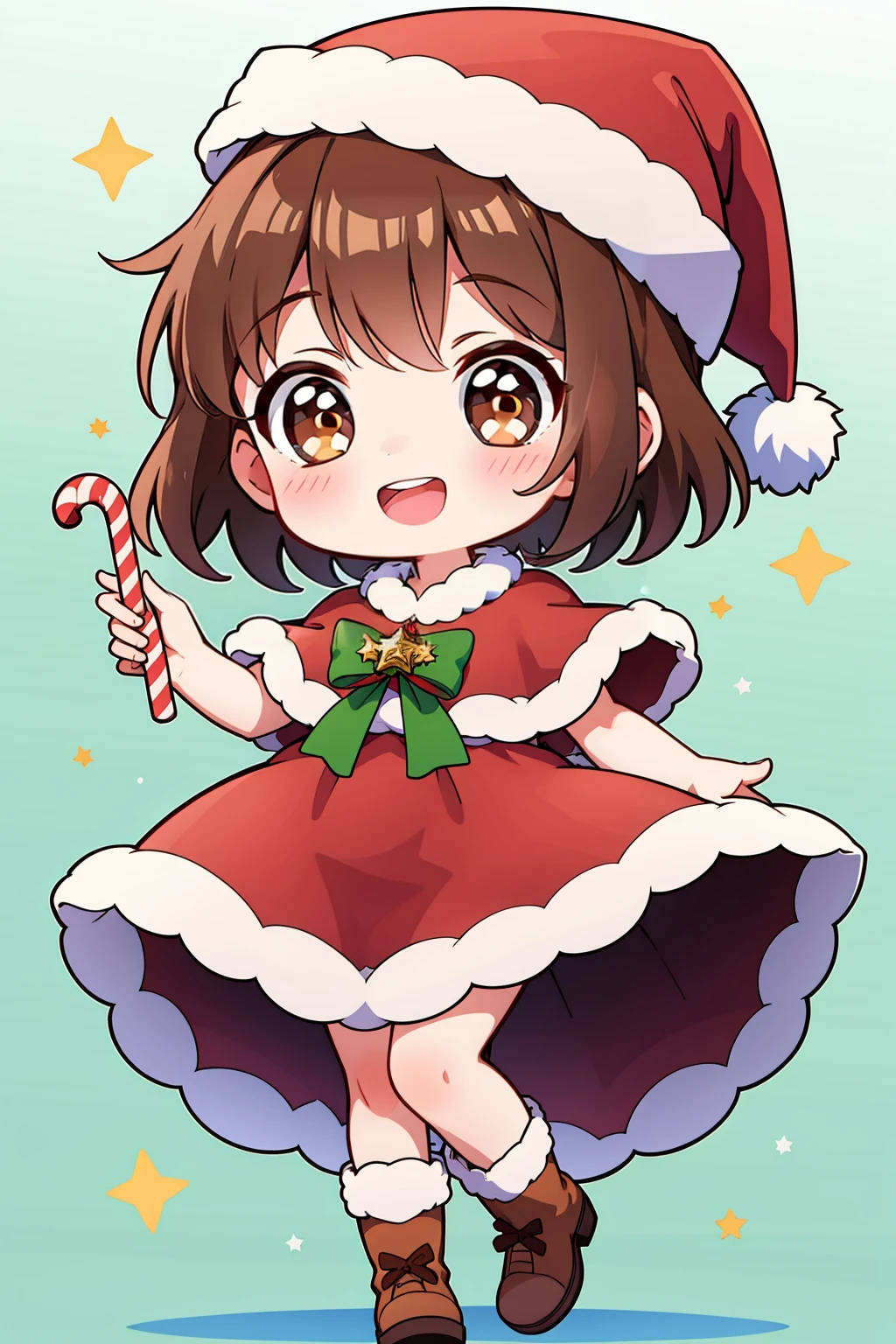 chibi,1girl,candy cane,santa hat,solo,brown hair,hat,candy,brown eyes,food,smile,dress,holding,white background,christmas,holding food,short hair,red headwear,looking at viewer,open mouth,full body,brown footwear,santa costume,blush,fur trim,holding candy,standing,green bow,red dress,teeth,boots,capelet,upper teeth only,bow,red capelet,:d,bangs,<lora:chibi style-000020:0.7>,