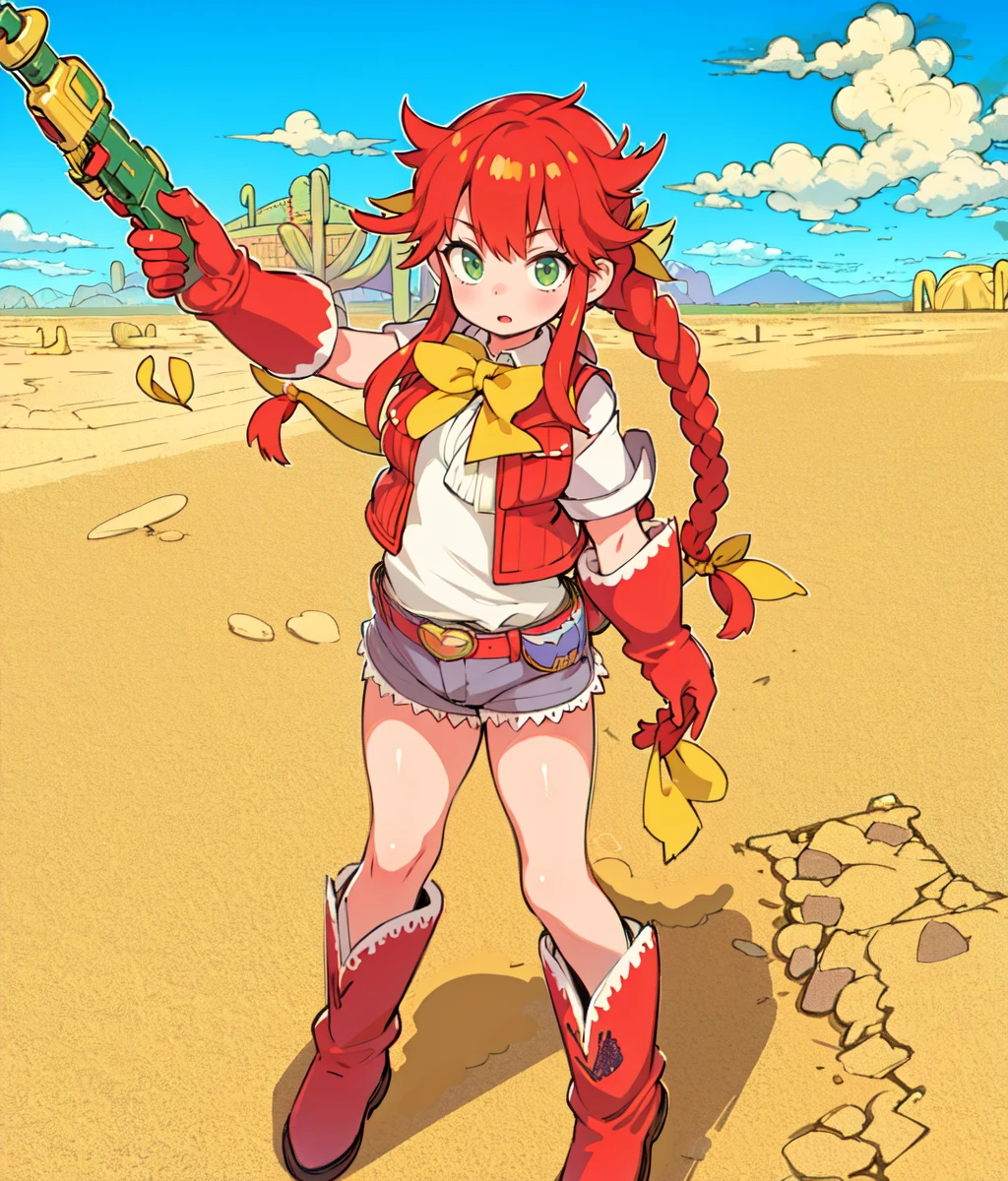 masterpiece, high res, detailed face, detailed eyes, 1 girl, solo, shooting, red hair, braids, green eyes, yellow ribbon, vest, shorts, boots, gloves, white shirt, revolver, wink, full body, cowboy shot, outdoors, (((desert)) <lora:Rebecca Streisand WA5:1>