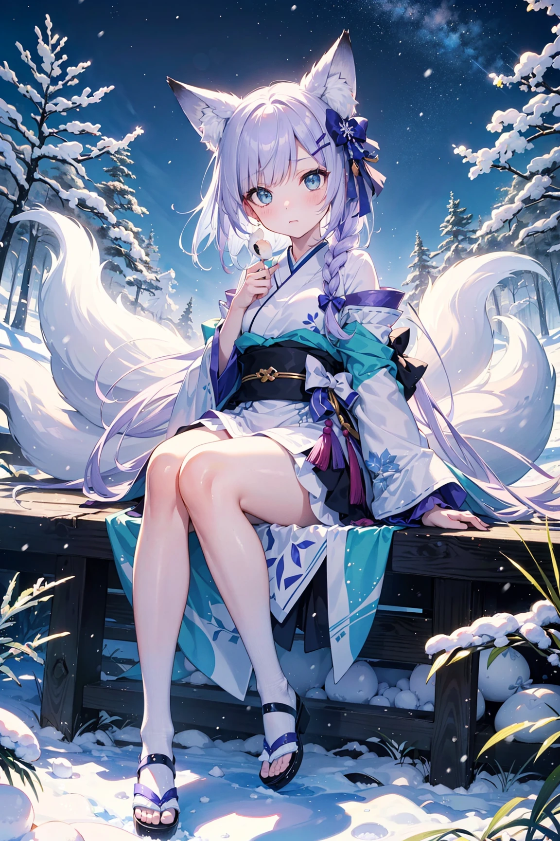 (masterpiece) ((pale purple hair, fox ears, fullbody with legs and shoes visible)) standing up, best quality, expressive eyes, perfect face, best quality, expressive eyes, (masterpiece) 1girl, fox girl, fox ears, (one) fox tail, long hair, pale purple hair, blushing, full face blushing, narrowed green eyes, stern and serious expression, cute pose, ((cute and elegant food-themed fashion)) white, green, pink, and brown dress, (multicoloured pastel dress) multilayered ruffled dress, frilly dress, ((mochi rice cakes embellished onto dress)) white traditional sash, trailing Japanese sleeves, white and light purple striped rice stockings, bows, white bows, small hair bows, ((snowflake hairpin)) ((circular mochi rice cakes : food theme, frozen rice desserts)) white mochi rice mary jane shoes, ((hyperdetailed delicious mochi clothing and fashion)) looking at you, vintage girl, blushing, (beautiful detailed eyes), (extremely detailed CG unity 8k wallpaper),(best shadow), ((an extremely delicate and beautiful)), (detailed light), ((depth of field)) big head, big sparkling eyes, moe, splash art, cinematic lighting, frontal view, volumetric lighting maximalist photo illustration 64k resolution high res intricately detailed complex key visual precise lineart ((in the enchanted snowy forest background, under the cold moonlight and ombre cold night sky, in front of beautiful crops of rice, Japanese zen shrines and frozen white trees, deep in the wilderness, surrounded by sparkling snow drifts and floating rice and mochi cake)) ((hyperdetailed background, shrouded in warm winter light and endless white fields of rice))
