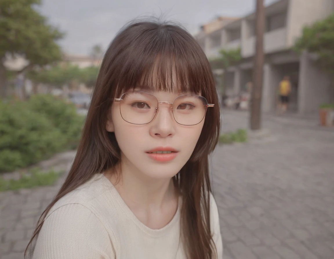 (best quality:1.4), (ultra highres:1.2), (photorealistic:1.4), (8k, RAW photo:1.2),(portrait shot:1.3), pinomyim, 1girl, solo, looking at viewer, bangs, brown hair, upper body, outdoors, blurry background, realistic, glasses, round eyewear, ponytail, realistic, long hair, Perfect Hands, <lora:closemouth:0.75>,