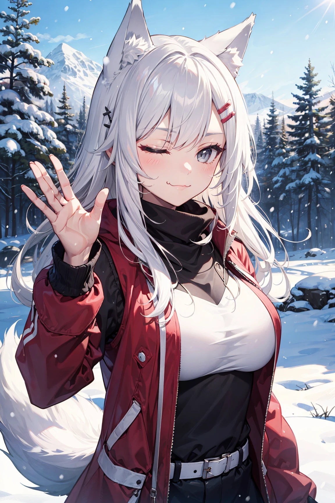 1girl, animal ears, grey eyes, hairclip, long hair, jacket, white hair, wolf ears, outdoors, snow, tail, large breasts, upper body, smug, :3, one eye closed, waving, masterpiece, best quality,