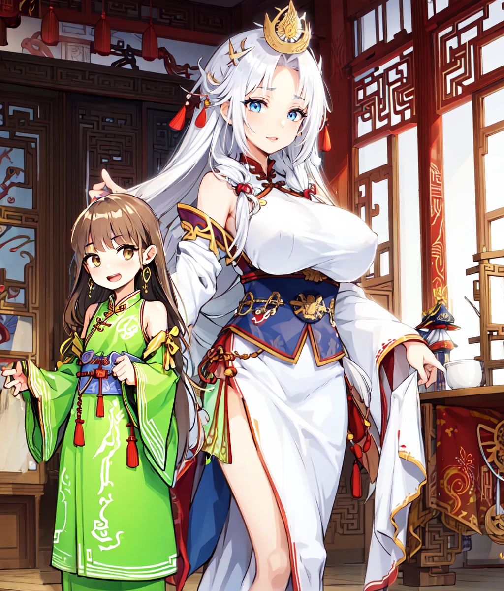 hair, masterpiece, high res, detailed face, detailed eyes, 1girl, solo, small breasts, brown hair, long hair, brown eyes, green dress, chinese clothes, gold earrings, exposed shoulders, big smile, open mouth, arms extended, standing, full bodyç<lora:Lymsleia:1>