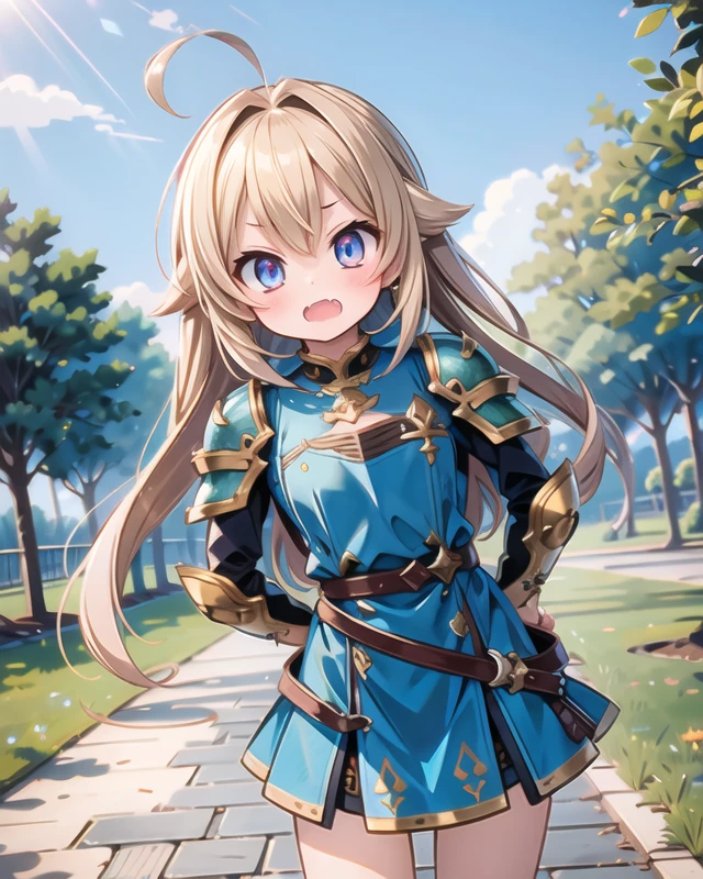 anime,pov,8k,cg,((masterpiece, best quality, high resolution)),(((best quality))),((ultra-detailed)),beautiful detailed eyes,finely detail,cg,RedFace,(shy:1.2),
cosmetics,cowboy shot,twisting pose,Bending,white green theme,outdoors,park,tree, yo,
1girl,open mouth,teeth,fang,blue eyes,gold hair,blonde hair,long hair with long locks,armor,granblue fantasy,
<lora:add_detail:0.2>,
<lora:BgDownAndUp_flatBG:-0.5>,