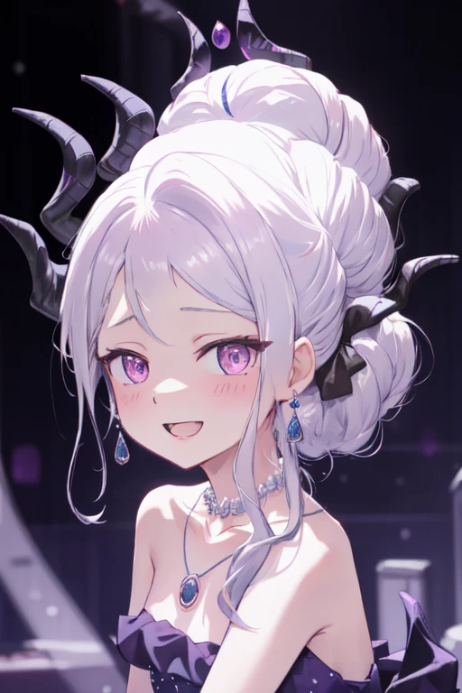,<lora:hina_(dress)_1.5:1>,hina, 1girl, solo, portrait, blurry background, looking at viewer, blush, open mouth, alternate hairstyle, parted bangs, hair bun, sidelocks, collarbone, dress, gloves, bare shoulders, necklace, earrings, depth of field, :d, alternate costume