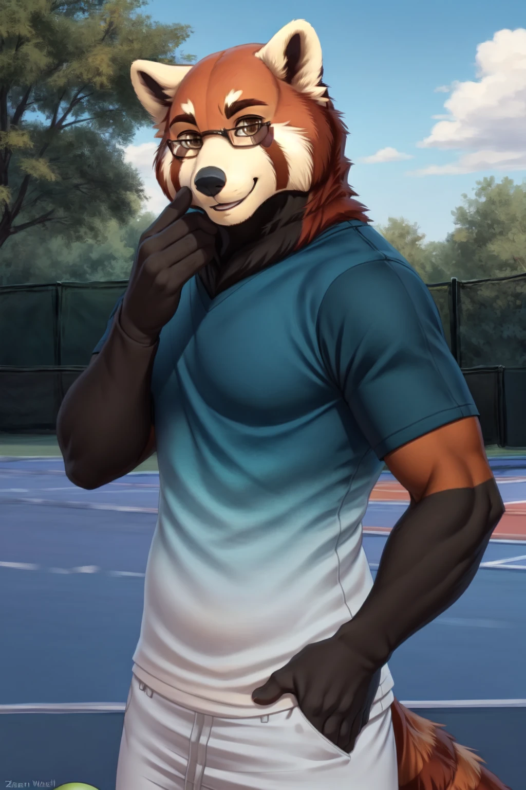 mature male, red panda, loose shorts, black t-shirt, sitting on park bench, waving at viewer, closed smile, soft shading, detailed fur, kemono, by kacey, by personalami, by kiyosan