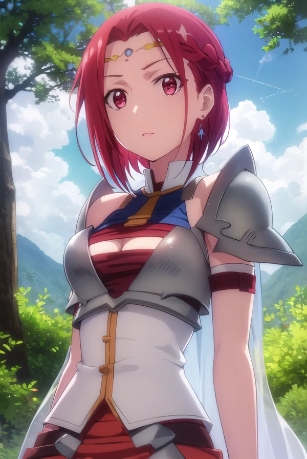 pinacolada, <lora:pina co lada s1s2-lora-nochekaiser:1>,
pina co lada, short hair, (red eyes:1.3), red hair, braid, single braid, braided ponytail,
BREAK skirt, thighhighs, cleavage, jewelry, earrings, detached sleeves, cape, armor, cleavage cutout, circlet,
BREAK outdoors, forest, nature, sun, sky, clouds, trees, grass,
BREAK looking at viewer, (cowboy shot:1.5),
BREAK <lyco:GoodHands-beta2:1>, (masterpiece:1.2), best quality, high resolution, unity 8k wallpaper, (illustration:0.8), (beautiful detailed eyes:1.6), extremely detailed face, perfect lighting, extremely detailed CG, (perfect hands, perfect anatomy),