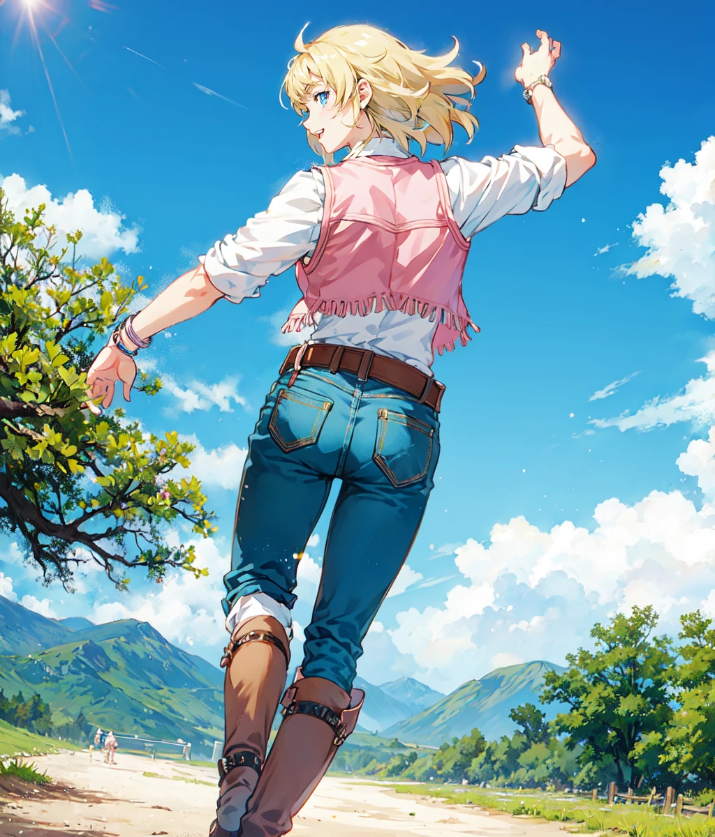 Anime screencap, masterpiece, best quality, detailed face, detailed eyes, 1girl, solo, medium hair, blonde hair, blue eyes, white shirt, pink vest, jeans, boots, full body, running, smile, closeup, standing, turning around, ((seen from behind)), outdoors, ranch<lora:Kathy:1>