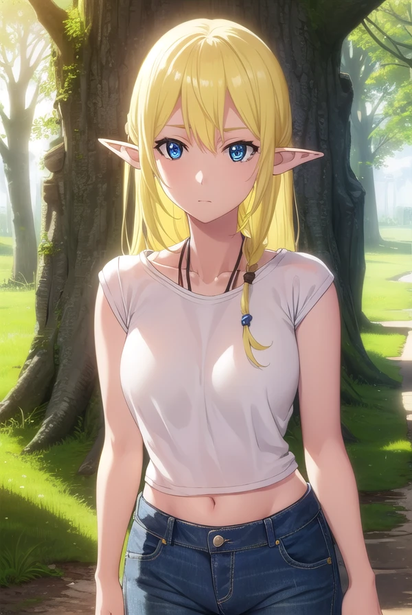 tukalunamarceau, <lora:tuka luna marceau s1s2-lora-nochekaiser:1>,
tuka luna marceau, long hair, blonde hair, pointy ears, elf, blue eyes,
BREAK jewelry, pants, necklace, denim, jeans, shirt, white shirt, short sleeves, collarbone, navel,
BREAK outdoors, forest, nature, grass, trees, sun, sky, clouds,
BREAK looking at viewer, (cowboy shot:1.5),
BREAK <lyco:GoodHands-beta2:1>, (masterpiece:1.2), best quality, high resolution, unity 8k wallpaper, (illustration:0.8), (beautiful detailed eyes:1.6), extremely detailed face, perfect lighting, extremely detailed CG, (perfect hands, perfect anatomy),