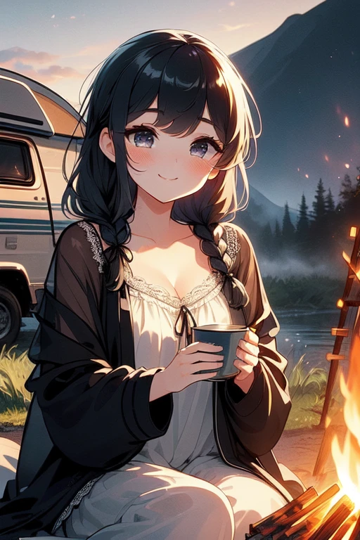(((masterpiece))), (((best quality))), (((bonfire))), holding a cup, sitting on chair, frills chiffon pajamas, black chiffon jacket, tent, sunset, ((camper van)), solo, 1girl, gentle smile, cleavage, big tits, collarbone, dark gray (((braid))), ribbon, petite figure proportion, <lora:girllikebonfire:1>