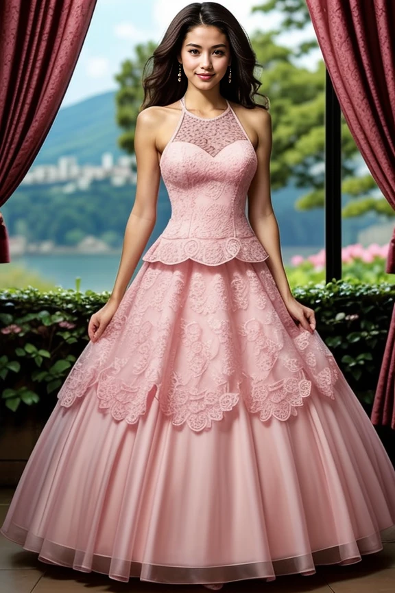 1girl, mature, beautiful, cute, hourglass body, masterpiece, scenic view
<lora:Pink_Gown_By-Stable_Yogi:1> crochet pattern, pink ballgown, pink roses pattern gown