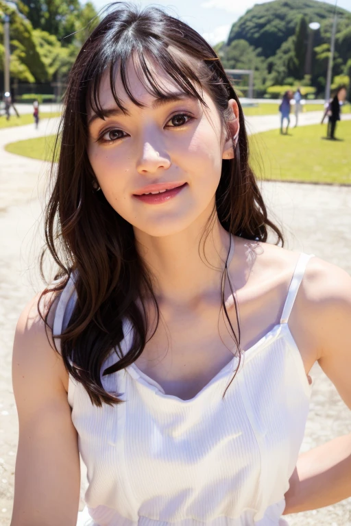 1girl, solo,(white long camisole:1.6),(RAW photo, best quality), (realistic, photo-realistic:1.4), masterpiece, an extremely delicate and beautiful, extremely detailed, 2k wallpaper, Amazing, finely detail, extremely detailed CG unity 8k wallpaper, ultra-detailed, highres, soft light, beautiful detailed girl, extremely detailed eyes and face, beautiful detailed nose, beautiful detailed eyes,(cinematic lighting:1.4),(in the park:2.0),perfect anatomy,(slender body:1.6),(close up face:1.8),(gently smile,Friendly, warm:2.0),(looking at viewer:1.8),(japanese idol:1.8),(wavy long hair:1.6), (brown eyes:1.8),(posing:1.8),<lora:kogaaoi_lora-13:0.8>
