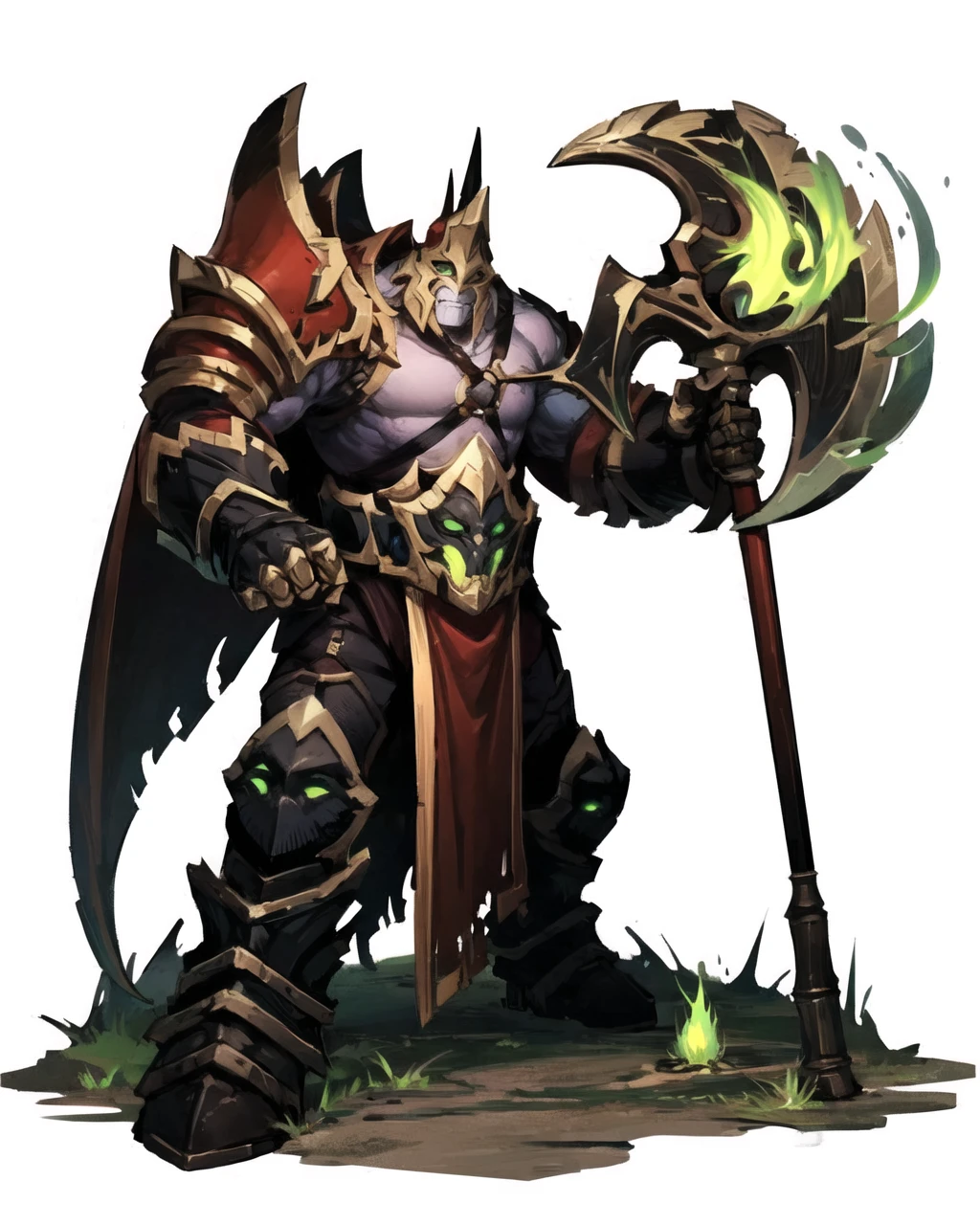 felguard, holding weapon, holding axe, closed helmet, armor, green flame, demon mask, green eyes, white background, full length <lora:Felguard1:1>