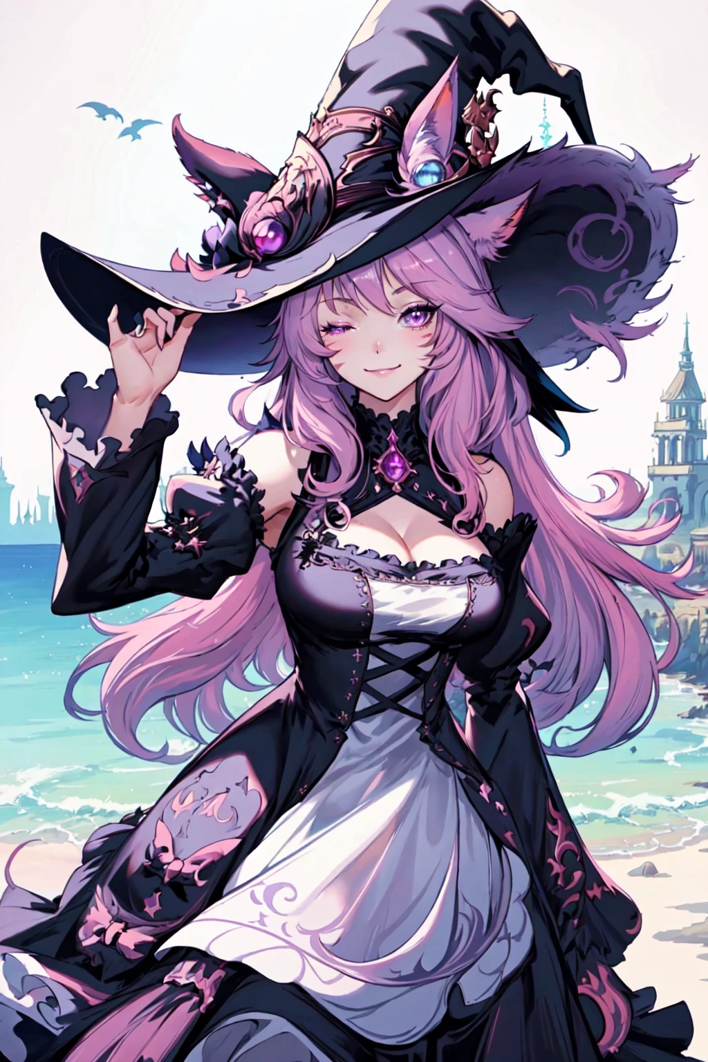 A girl with long pink hair and a large back wears a white one-piece swimsuit,Wear sunglasses and a beach hat,Lie on a deck chair by the sea,huge tit,big breasts exposed cleavage,Side breasts,shackle,the witch,Mare