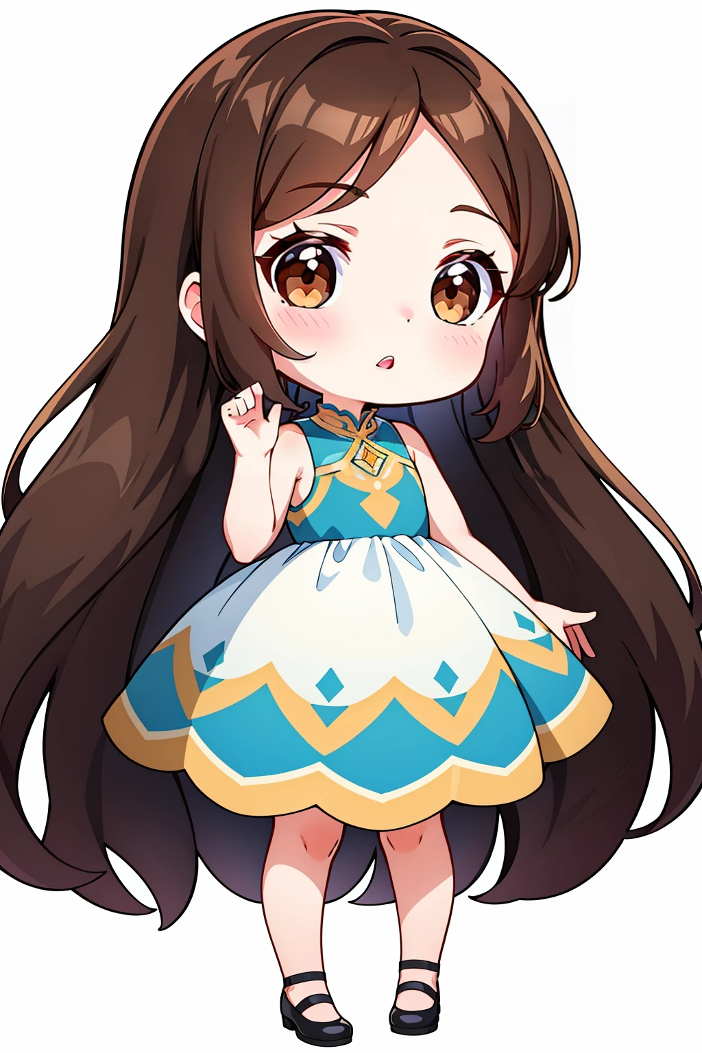 chibi, 1girl, solo, brown hair, white background, long hair, dress, brown eyes, shoes, full body, black footwear, blush, sleeveless, parted lips, looking at viewer, white dress, bangs, standing, hand up, sleeveless dress, very long hair, bare arms, parted bangs, bare shoulders, teeth, mary janes, upper teeth only, :o,<lora:chibi style-000020:0.7>,