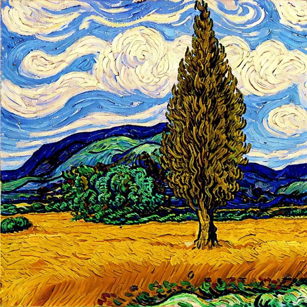 anchemixvangogh, traditional media, sky, scenery, night, moon, starry sky, mountain village