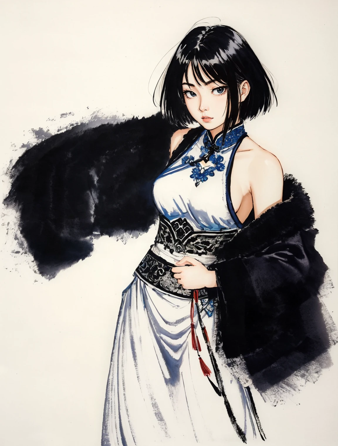masterpiece,best quality,Washpainting,Ink wash painting,(1girl:1.4),standing,solo,(portrait),above waist,chinese zen,zen,<lora:WashPainting_v1.0:0.7>,minimalism,Zen aesthetics,blue copper mine,peacock green,rich light,minimalism,simple background,battle posture,pose,looking at viewer,