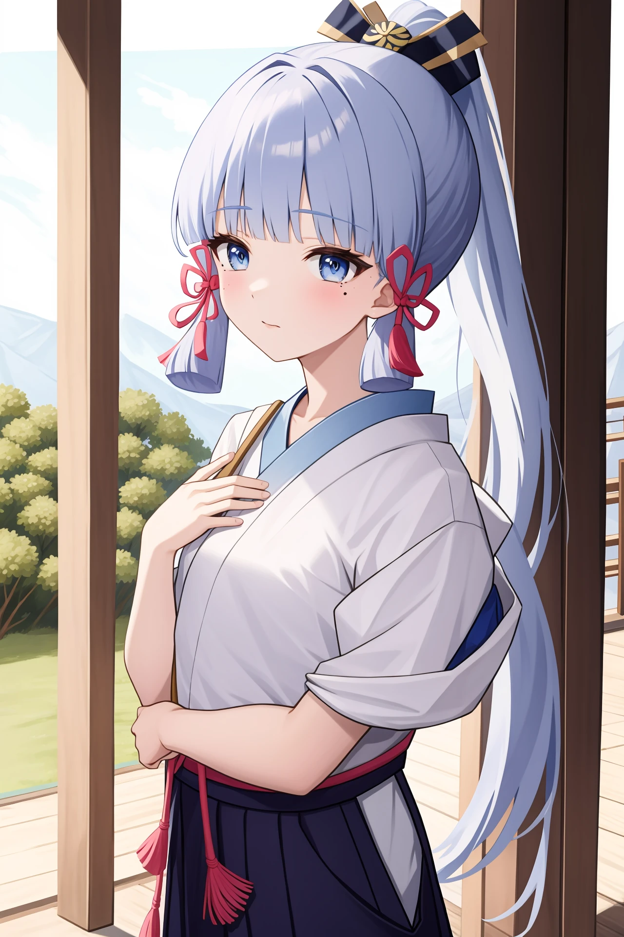 <lora:ç¥éåéæ:1:lbw=char>,kamisato ayaka,bangs,long hair,ponytail,ribbon,blunt bangs,hair ribbon,blue eyes,blue hair,japanese clothes,skirt,kimono,sidelocks,hakama,mole under eye,, 1girl,
, (masterpiece,best quality:1.2),absurdres