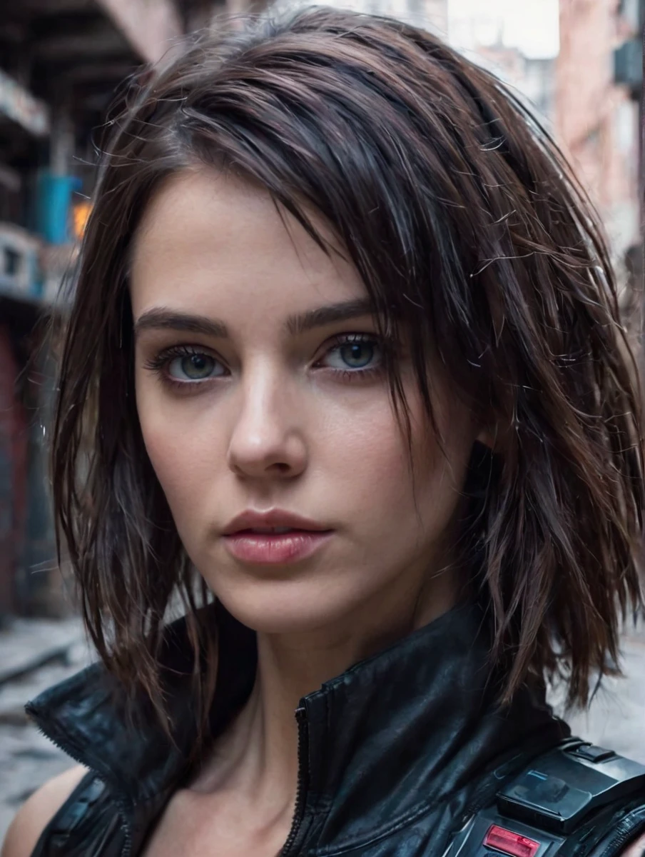 ultra-realistic Headshot of a beautiful brunette android in a cyberpunk alleyway,
The focus should be on achieving high levels of detail in her features, such as the texture of her skin, the shine in her hair, and the clarity in her eyes
 <lora:PhotoDetailXL:0>