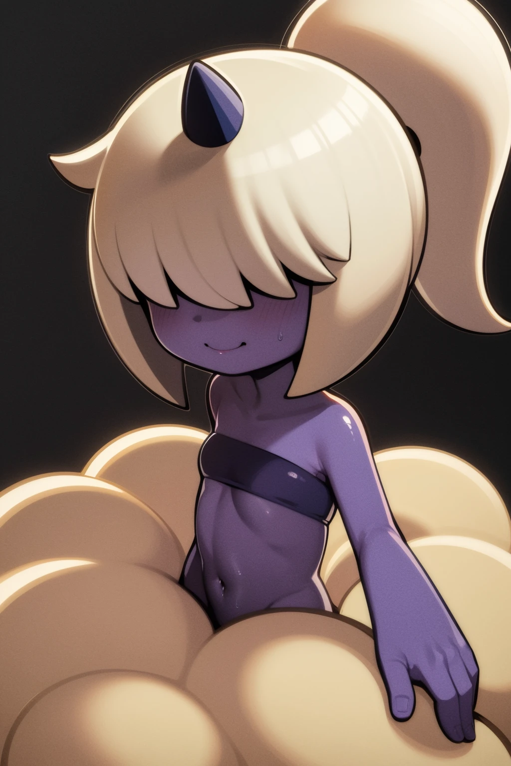 masterpiece, best quality, 1girl, dazzy, white hair, ponytail, hair over eyes, single horn, purple skin, cloud, looking at viewer, solo, simple background <lora:Dazzi:1>