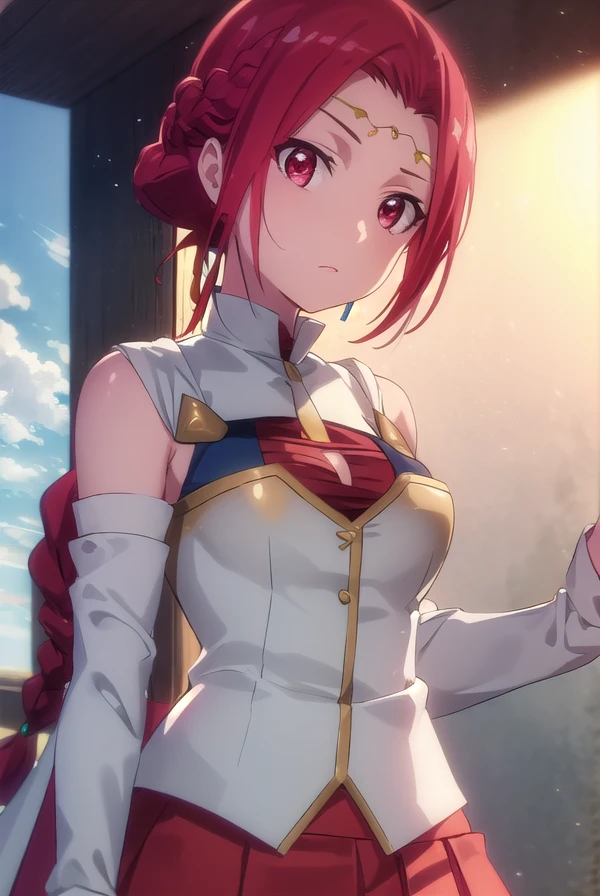 pinacolada, <lora:pina co lada s1s2-lora-nochekaiser:1>,
pina co lada, short hair, (red eyes:1.3), red hair, braid, single braid, braided ponytail,
BREAK skirt, thighhighs, cleavage, jewelry, earrings, detached sleeves, cape, armor, cleavage cutout, circlet,
BREAK outdoors, forest, nature, sun, sky, clouds, trees, grass,
BREAK looking at viewer, (cowboy shot:1.5),
BREAK <lyco:GoodHands-beta2:1>, (masterpiece:1.2), best quality, high resolution, unity 8k wallpaper, (illustration:0.8), (beautiful detailed eyes:1.6), extremely detailed face, perfect lighting, extremely detailed CG, (perfect hands, perfect anatomy),