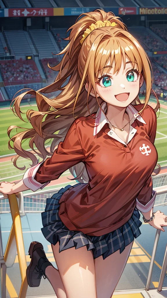 hinoakane ,1girl ,solo ,open mouth ,plaid skirt,pleated skirt ,shirt ,standing on one leg ,school uniform ,long hair ,high ponytail ,hair scrunchie ,orange hair,medium breasts ,smile,(shiny:1.2) ,looking away,<lora:hinoakane:1><lora:add_detail:0.55>,dynamic pose,stadium,from Above,from Up, (masterpiece), (best quality), (ultra-detailed), intricate detail,