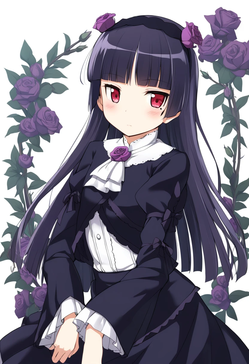 1girl, gokou ruri, long hair, solo, black hair, mole under eye, mole, hime cut, red eyes, looking at viewer, hairband, bangs, blunt bangs, upper body, purple flower, white background, flower, purple rose, dress, blush, medium quality, late, <lora:char - gokou ruri - v1 - bionagato:1>