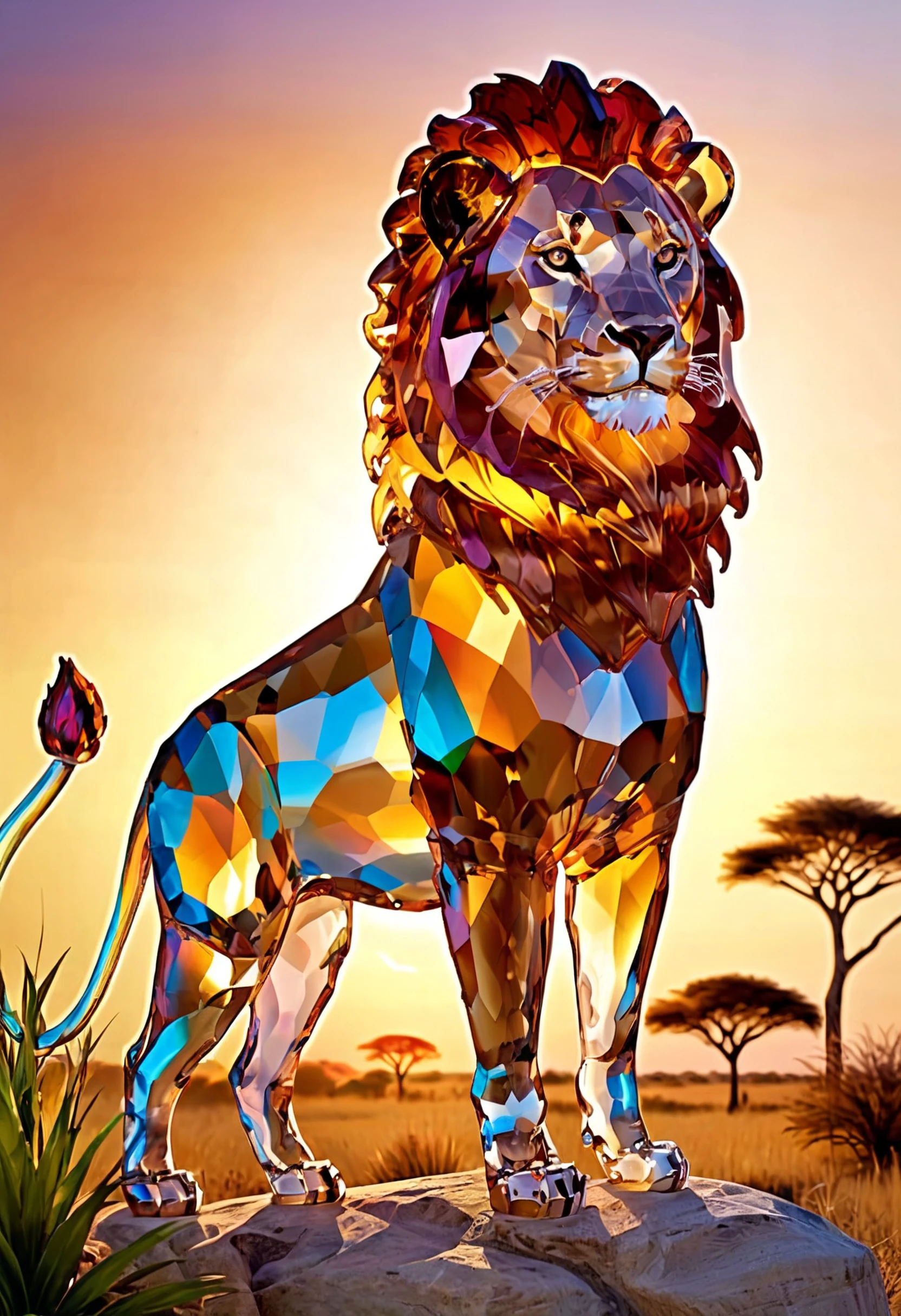 a lion in the savannah,sunset,realistic,highly detailed,realistic,lifelike,studio photo,highly detailed,colors,dynamic,cinematic,masterpiece,intricate,hdr,abstract fractal, pamcrystal