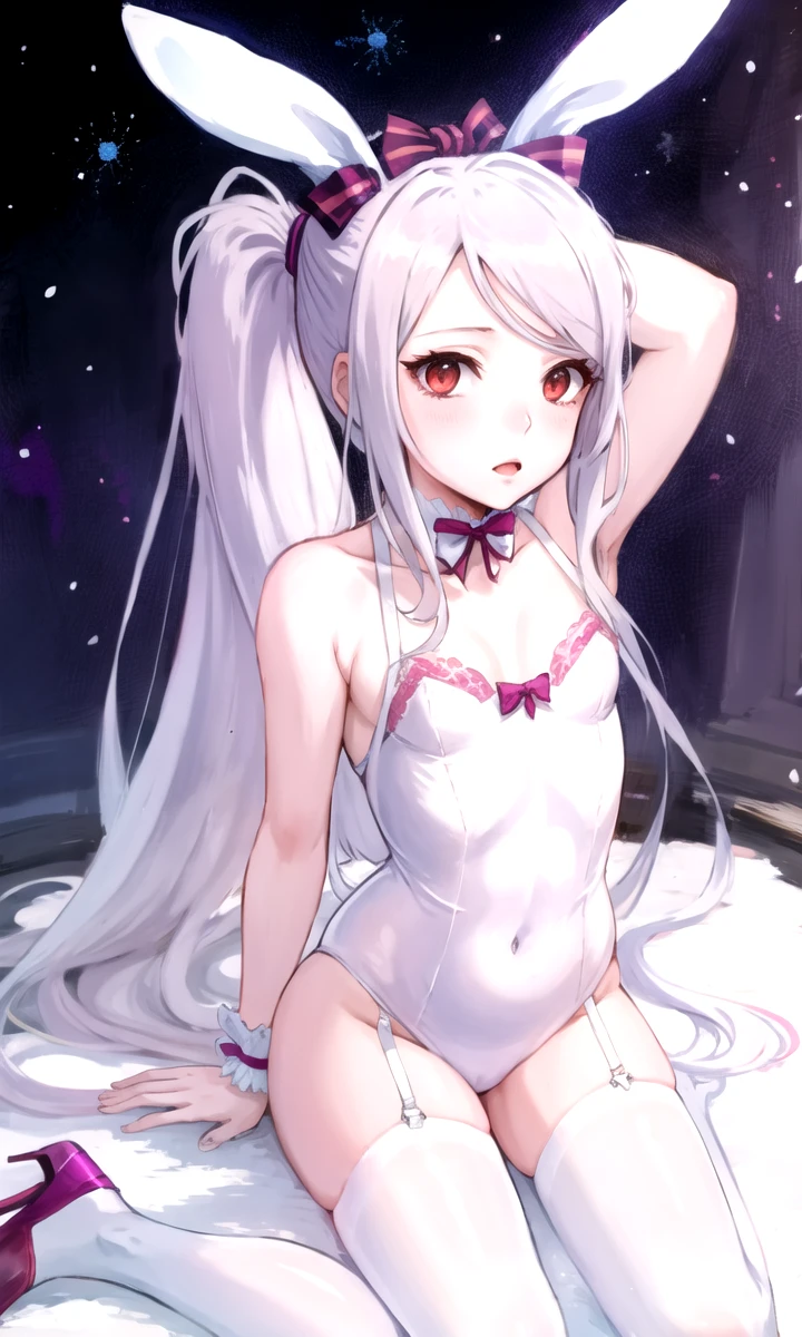 shalltear bloodfallen, (alternate costume:1.2), 1girl, masterpiece, best quality, ponytail, white playboy bunny, rabbit ears, flat chest, <lora:Shalltearnew:1>, full body, closed mouth