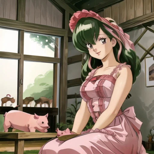 professional illustration, incomparable masterpiece, photorealistic, akariunryu, 1girl, multicolor hair, medium breasts, highress, masterpiece, <lora:akariunryu-03:1>, lips, pink dress, green hair, smile, surrounded by many pigs, on a pig farm