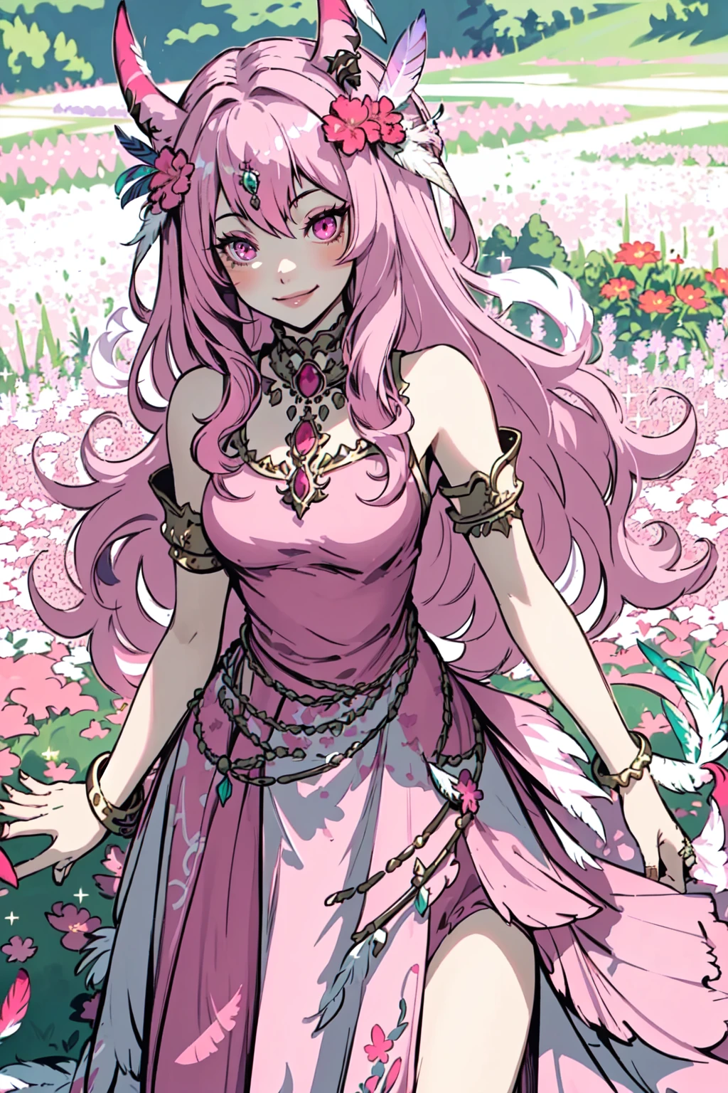 FemmeMiq, 1girl, solo, long hair, looking at viewer, smile, red eyes, dress, animal ears, jewelry, standing, pink hair, horns, bracelet, lips, depth of field, ring, feathers, pink dress, outdoors, flower field, 4 point perspective, vantage point, masterpiece, best quality , <lora:FemMiqote:0.8>