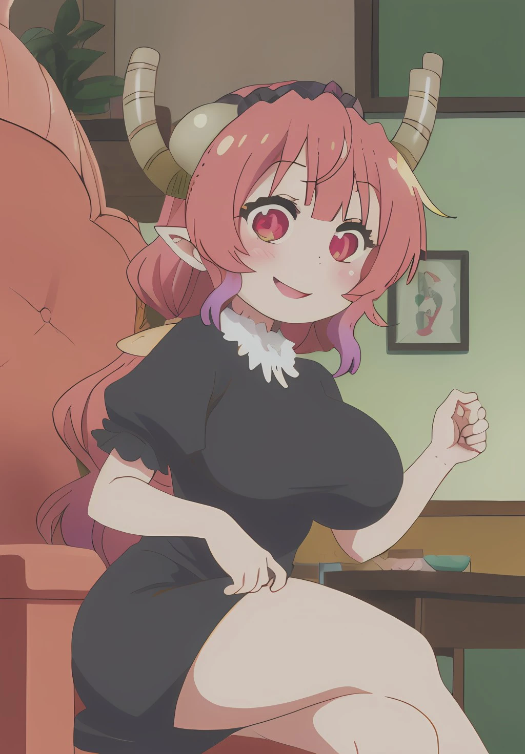 <lora:kobayashisan:1.0>, kobayashisan, Ilulu, solo, smile, dragon girl, horns, black dress,