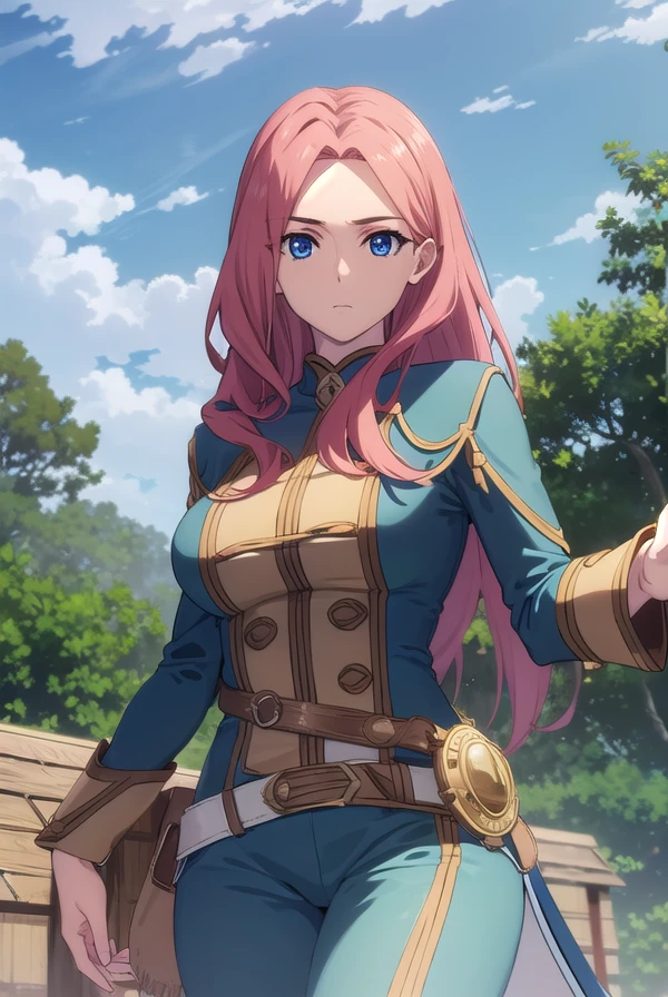 eclairseaetto, <lora:eclair seaetto s2s3-lora-nochekaiser:1>,
eclair seaetto, pink hair, long hair, blue eyes,
BREAK boots, belt, pants, uniform, uniform, military uniform,
BREAK outdoors, forest, nature, sun, sky, clouds, trees,
BREAK looking at viewer, (cowboy shot:1.5),
BREAK <lyco:GoodHands-beta2:1>, (masterpiece:1.2), best quality, high resolution, unity 8k wallpaper, (illustration:0.8), (beautiful detailed eyes:1.6), extremely detailed face, perfect lighting, extremely detailed CG, (perfect hands, perfect anatomy),