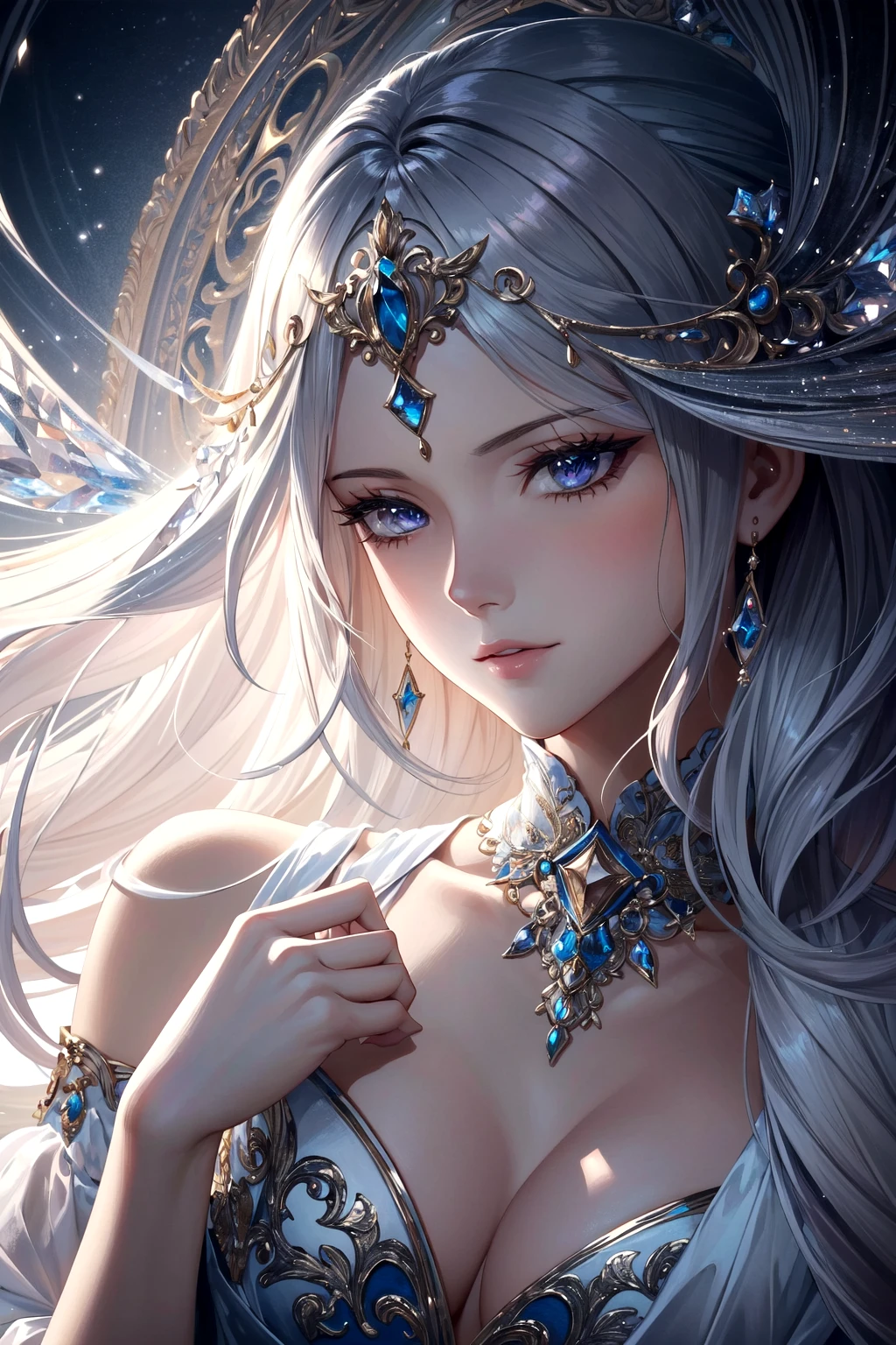 best quality,Epic,highly detail,Illustration,Cover,enigmatic figure,draped in translucent fabric,crystals adorning hair,dreamlike swirl,pastel hues,soft light,evoking calm serenity and elusive beauty,Non-representational,colors and shapes,expression of feelings,imaginative,highly detailed,