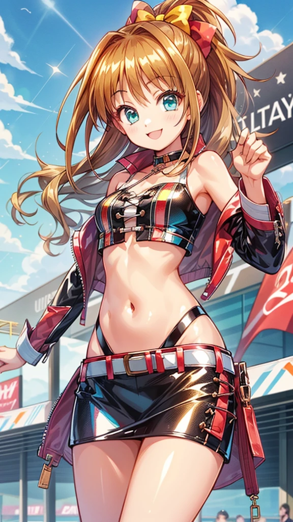 hinoakane ,1girl ,petite,petite girl ,race queen ,bow ,solo ,hair bow ,skirt ,navel ,midriff ,jewelry ,aqua eyes ,medium breasts ,smile,(shiny:1.2) ,looking at viewer,<lora:hinoakane:1><lora:add_detail:0.55>,dynamic pose, (masterpiece), (best quality), (ultra-detailed), intricate detail,
