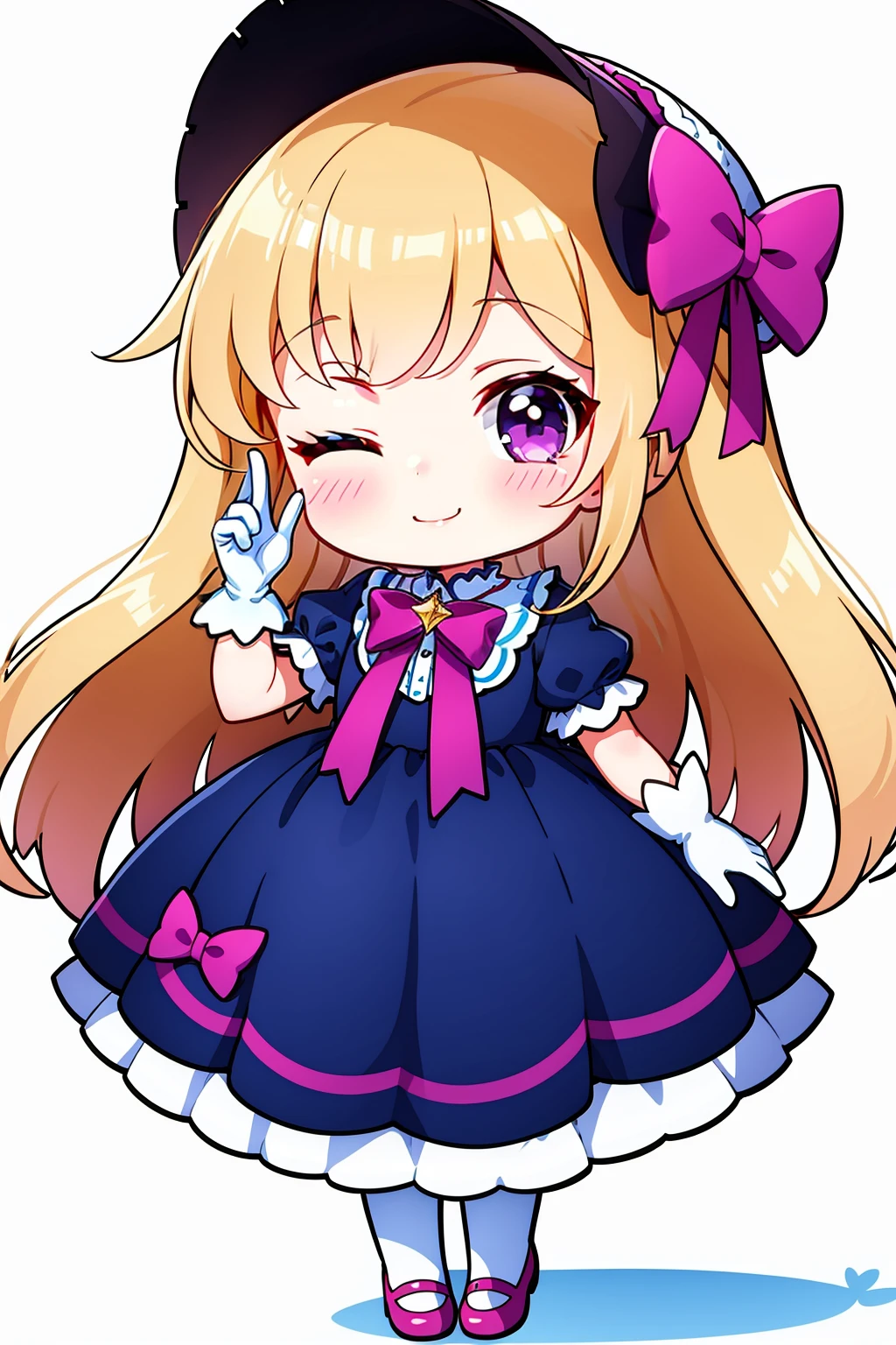 chibi, 1girl, solo, gloves, purple eyes, blonde hair, white gloves, dress, purple dress, smile, long hair, one eye closed, full body, white background, bonnet, looking at viewer, short sleeves, bangs, blush, purple footwear, puffy sleeves, shoes, puffy short sleeves, standing, bow, frills, closed mouth, ;\), hand up, frilled dress, pantyhose,<lora:chibi style-000020:0.7>,