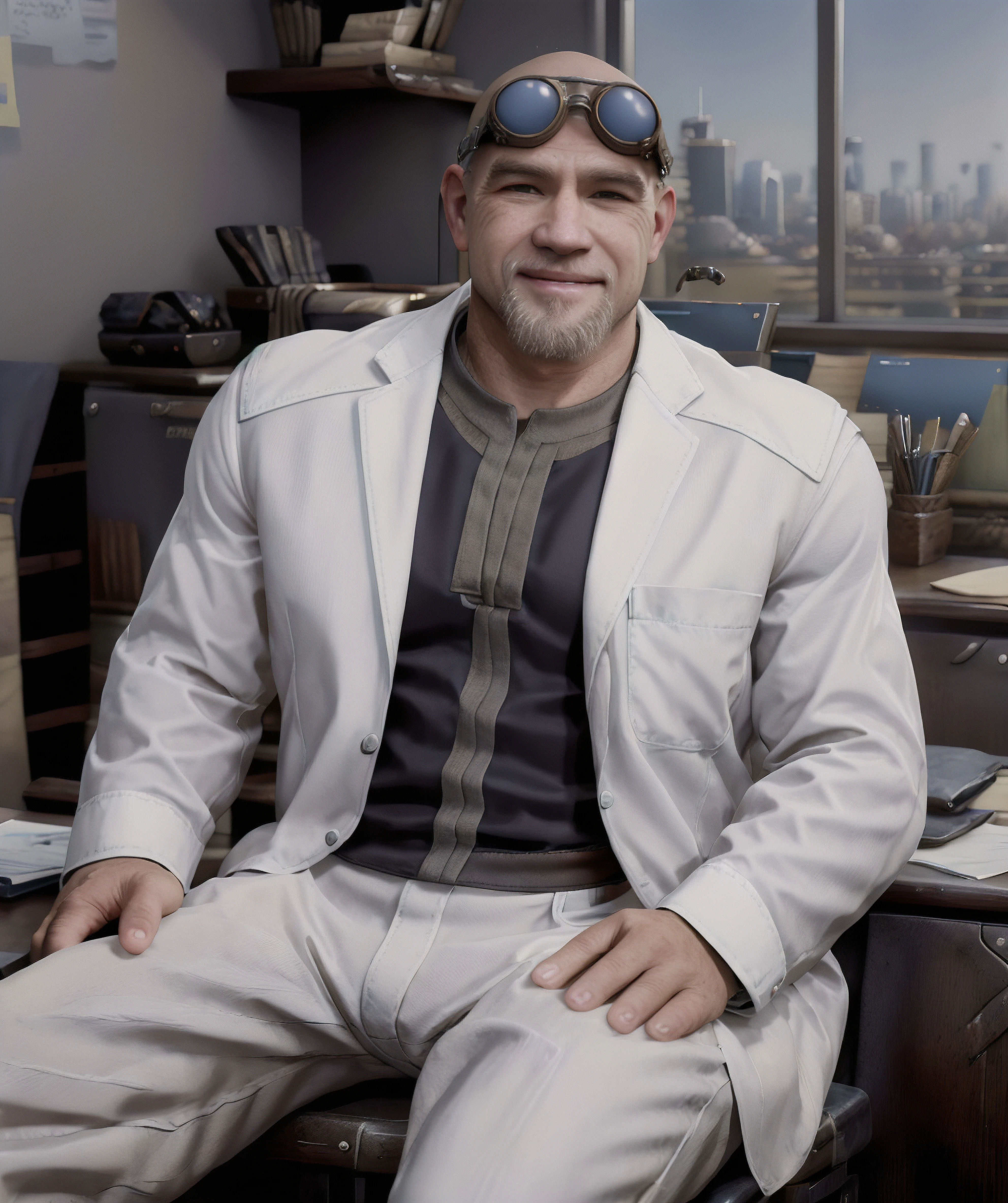 old_damon_baird, bald, goggles, old, wrinkle, white beard, suits, suit, long pants, hands in pocket, smiles, (office, sitting down on his office, behind desk, city skyline on background) <lora:Old_Damon_Baird:0.85>
