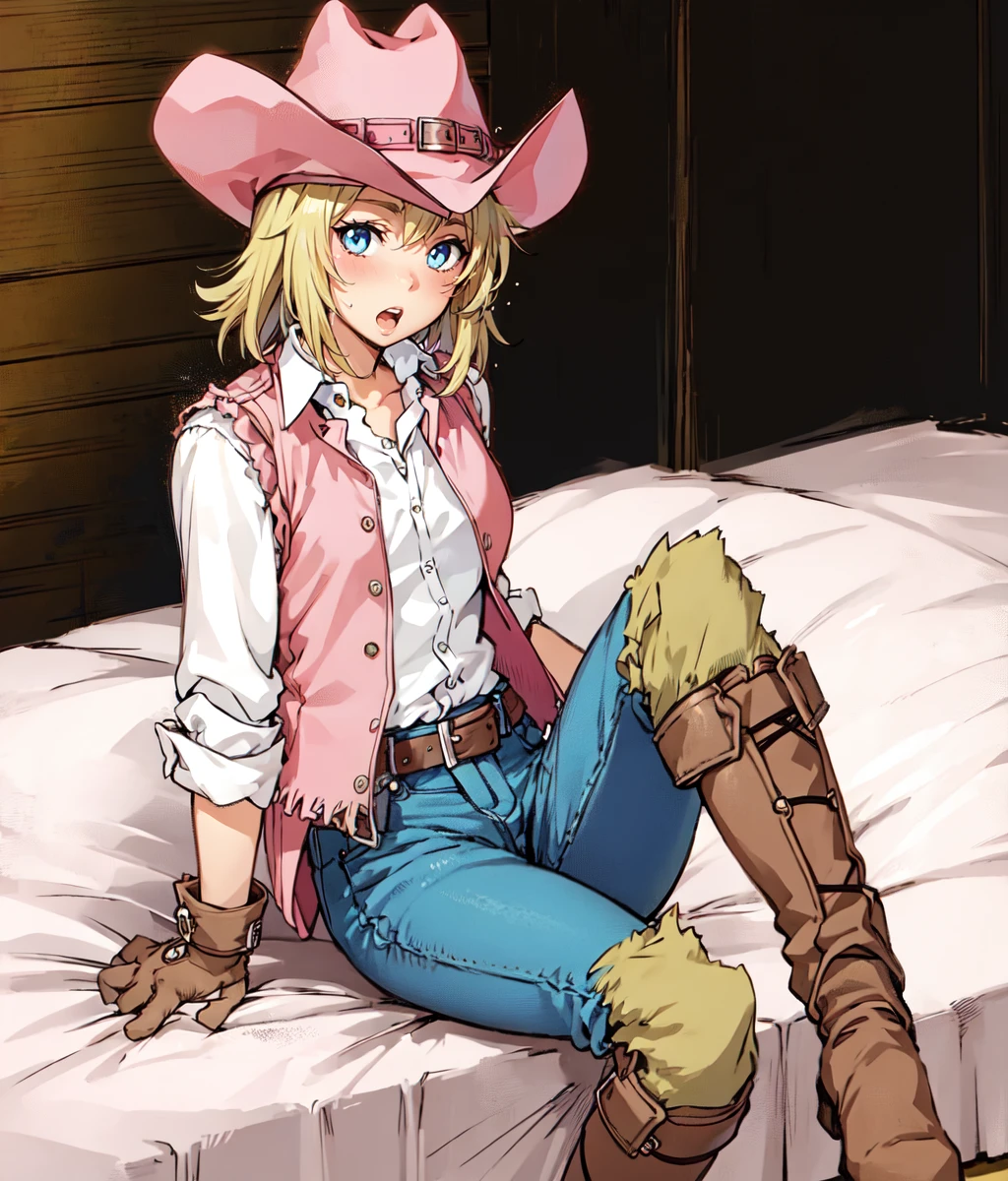 Anime screencap, masterpiece, best quality, detailed face, detailed eyes, 1girl, solo, pink cowboy hat, medium hair, blonde hair, blue eyes, pink vest, jeans, boots, sitting on the bed, medieval inn, surprised, blushing <lora:Kathy:1>