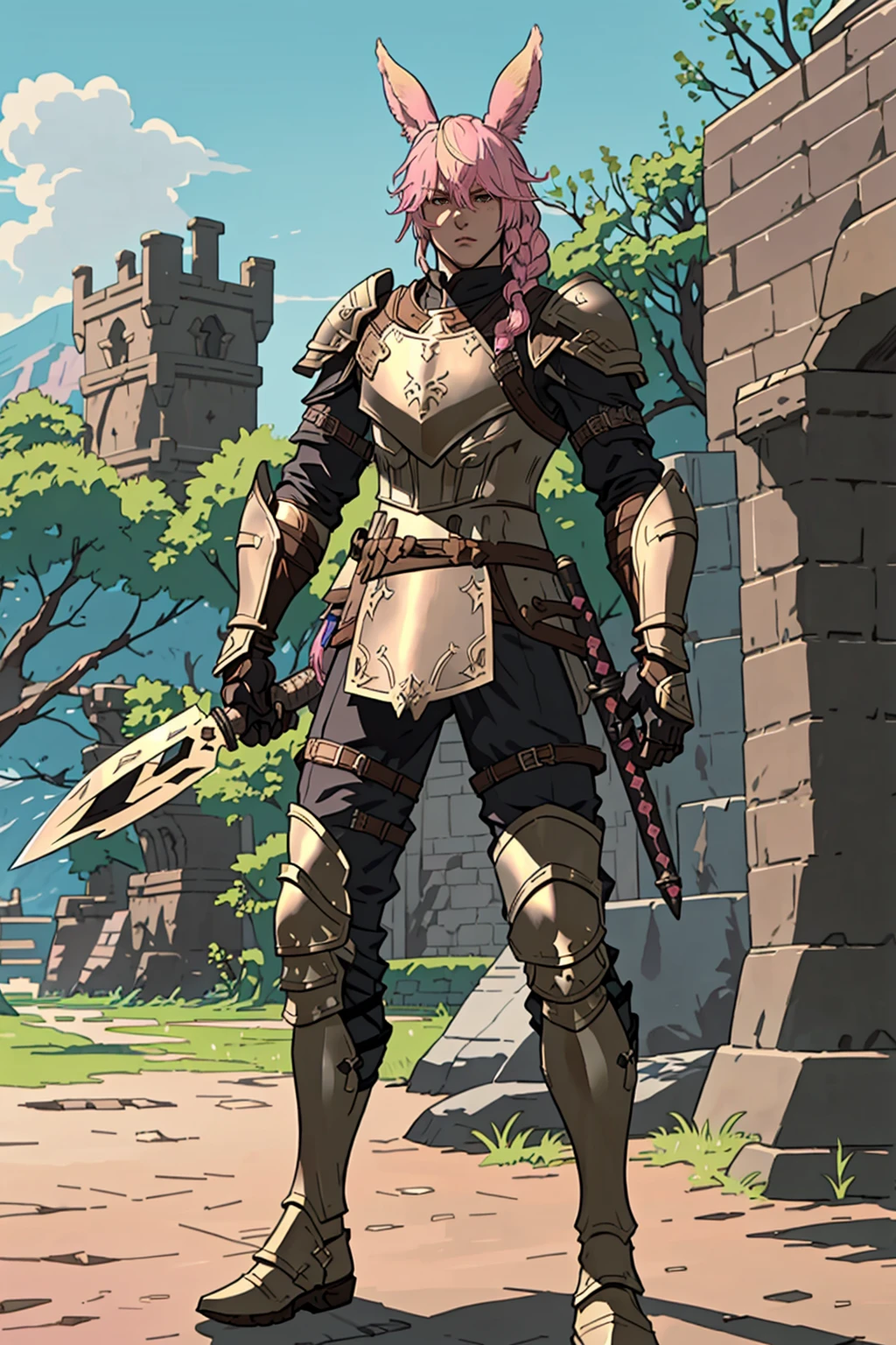 FFXIV_Viera, 1 boy, male focus, two tone hair, blonde hair, holding, standing, weapon, pink hair, braid, boots, outdoors, sword, holding weapon, armor, gauntlets, shield, breastplate, greaves, chainmail, masterpiece, official art, best quality, <lora:FFXIVViera:0.7>