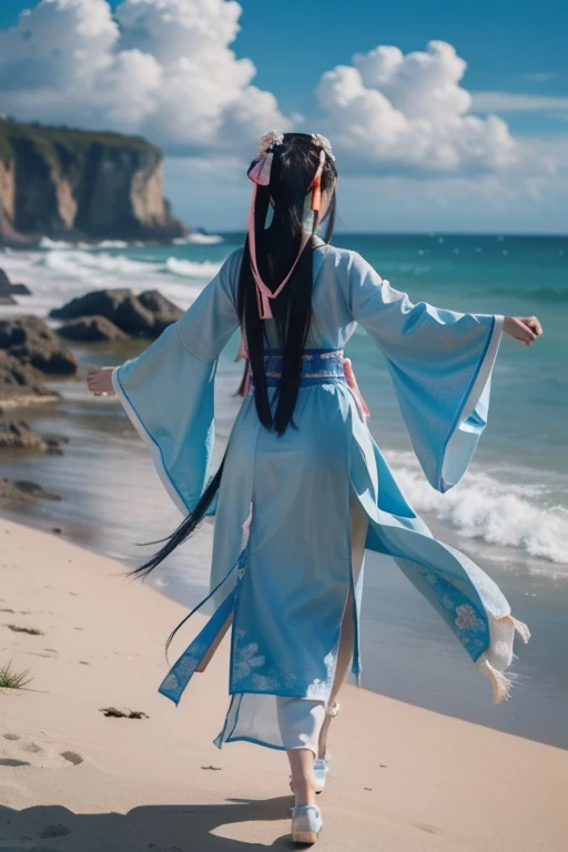 ltra-detailed,highly detailed,best quality,masterpiece,illustration,realistic,photorealistic,
baimoqing, 1girl, solo, 
hanfu, sash, long sleeves, chinese clothes, ribbon, wide sleeves, jewelry, anklet, chinese shoes, tassel,
very long hair, hair ornament, hair ribbon, hair bun, 
full body, from behind, facing away,open arms, running, 
outdoors, beach, water, waves, ocean, sand, day, shore, sky, splashing, cloud, blue sky, flower, wind,floating hair, 
 <lora:baimoqing_v1_07:0.6>