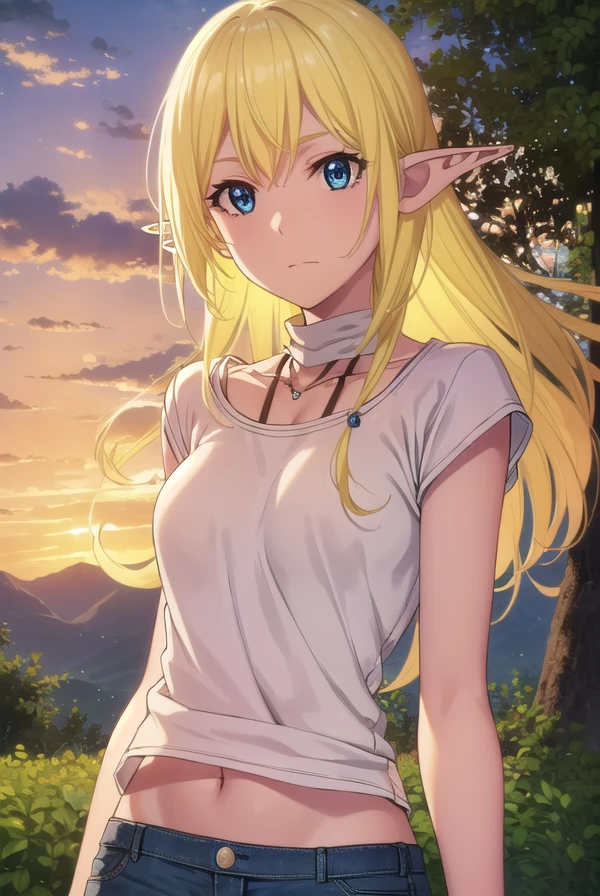masterpiece, best quality, (realistic:1.3), highest quality, bust shot, cinematic lighting, highly detailed, sharp focus, extremely detailed, ultra realistic, depth of field, bokeh, Global Illumination, volumetric lighting, subsurface scattering, caustics, bloom, [reflections], [shadows], [(colorful explosion psychedelic paint colors:1.2)::0.20],
teenage elf girl wearing a tube top and hot pants, at a (mystical fountain:1.15) in the woods, white clouds, rainbow, very long blonde hair, blue eyes, silk, (lace:1.1), tranparent, freckles, fantasy landscape, gentle smile, (anime:1.4)