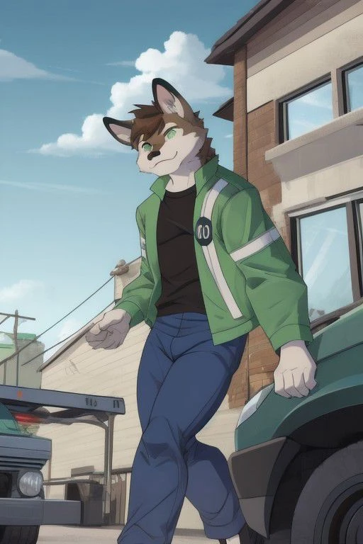 benuaf, 1boy, brown hair, blue pants, green jacket