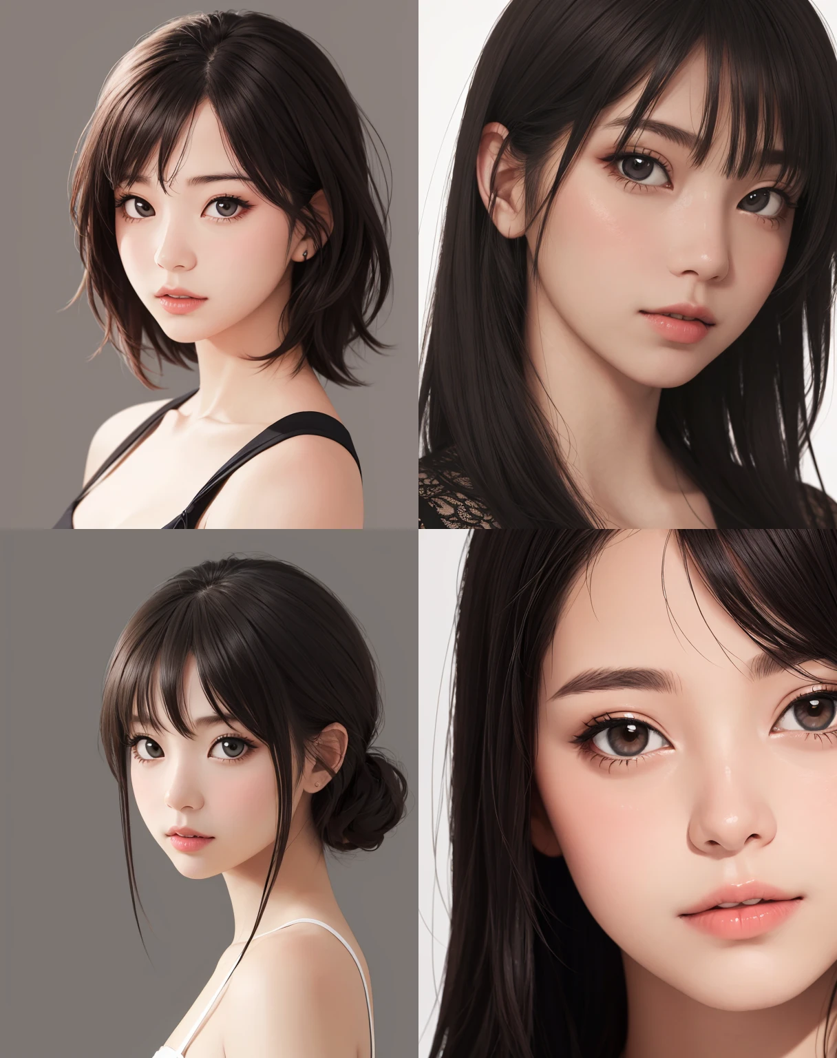 face image, 16 year old girl, black hair with full bangs, large, almost black eyes, thin, upturned nose, fleshy and drawn mouth, fully realistic image