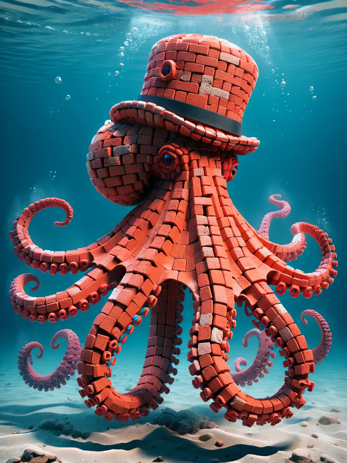 A mischievous ais-brickz octopus, swimming under water, wearing a tophat <lora:Bricks_Style_SDXL:1>