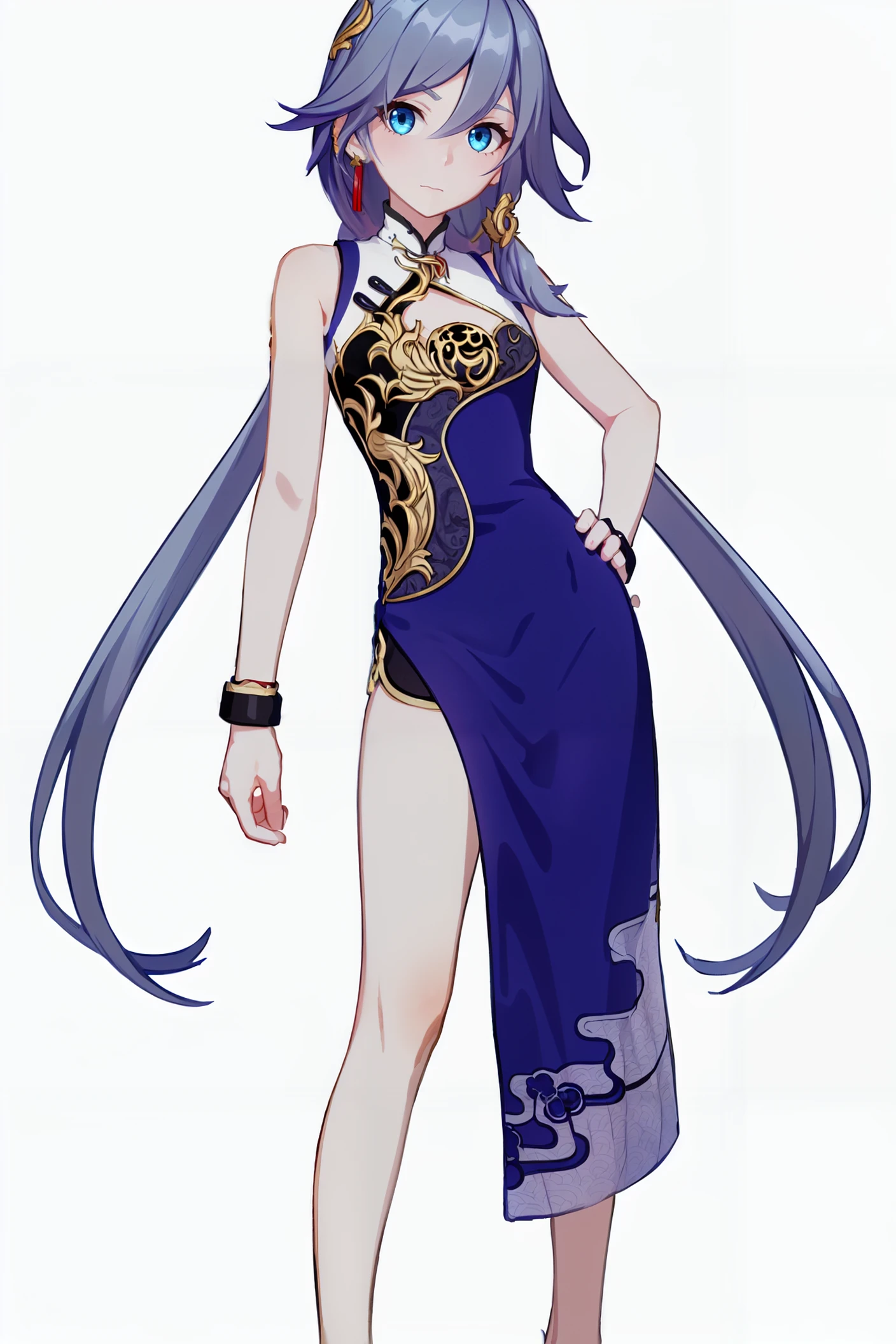8k,best quality,masterpiece,(ultra-detailed:1.1),(high detailed skin),
(full body:1.3),white background,standing,looking at viewer,(solo:1.4),hand on hip,
<lora:qingyan-v100-000028:0.8>,qingyan,1girl,fu hua,chinese clothes,blue eyes,short china dress,lhair ornament,black hair,bangs,no sleeves,
(white background, simple background:1.6),
(beautiful_face),((intricate_detail)),clear face,
((finely_detailed)),fine_fabric_emphasis,
((glossy)),full_shot,