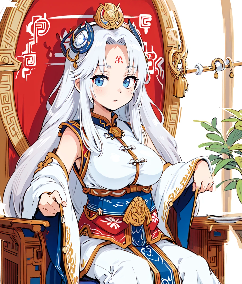 masterpiece, high res, detailed face, detailed eyes, 1 woman, solo, mature, white hair, long hair, fluffy hair, forehead, blue eyes, big breasts, white dress, white shirt, chinese clothes, head ornament, proud, long sleeves, cowboy shot, indoors, sitting, ((throne)) chinese throne room <lora:Arshtat:1>