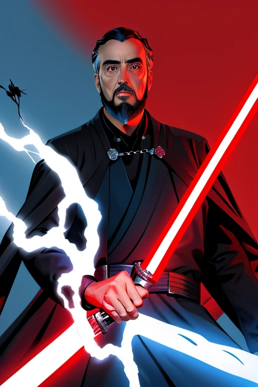 (best quality, masterpiece), 1boy, ,black hair, black rope, red cape, beard, countdooku, blue lightsaber, looking at viewer, upper body <lora:countdooku:0.8>