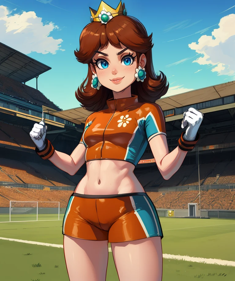 a confident smiling slutty woman wearing a silk hijab, pvc corset lingerie, stockings, and high heels, playing football in a stadium full of viewers. The image quality should be the best, with 4k resolution, ultra-detailed, and realistic. The art style should be a combination of portraits and sports photography. The color tone should be bold and vibrant, with studio lighting emphasizing the woman's figure.