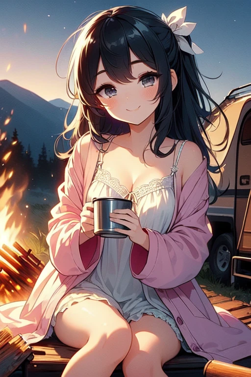 (((masterpiece))), (((best quality))), (((bonfire))), holding a cup, sitting on chair, frills chiffon pajamas, yellow chiffon jacket, tent, sunset, camper van, solo, 1girl, smile, cleavage, big tits, collarbone, black longhair, ribbon, petite figure proportion, <lora:girllikebonfire:1>