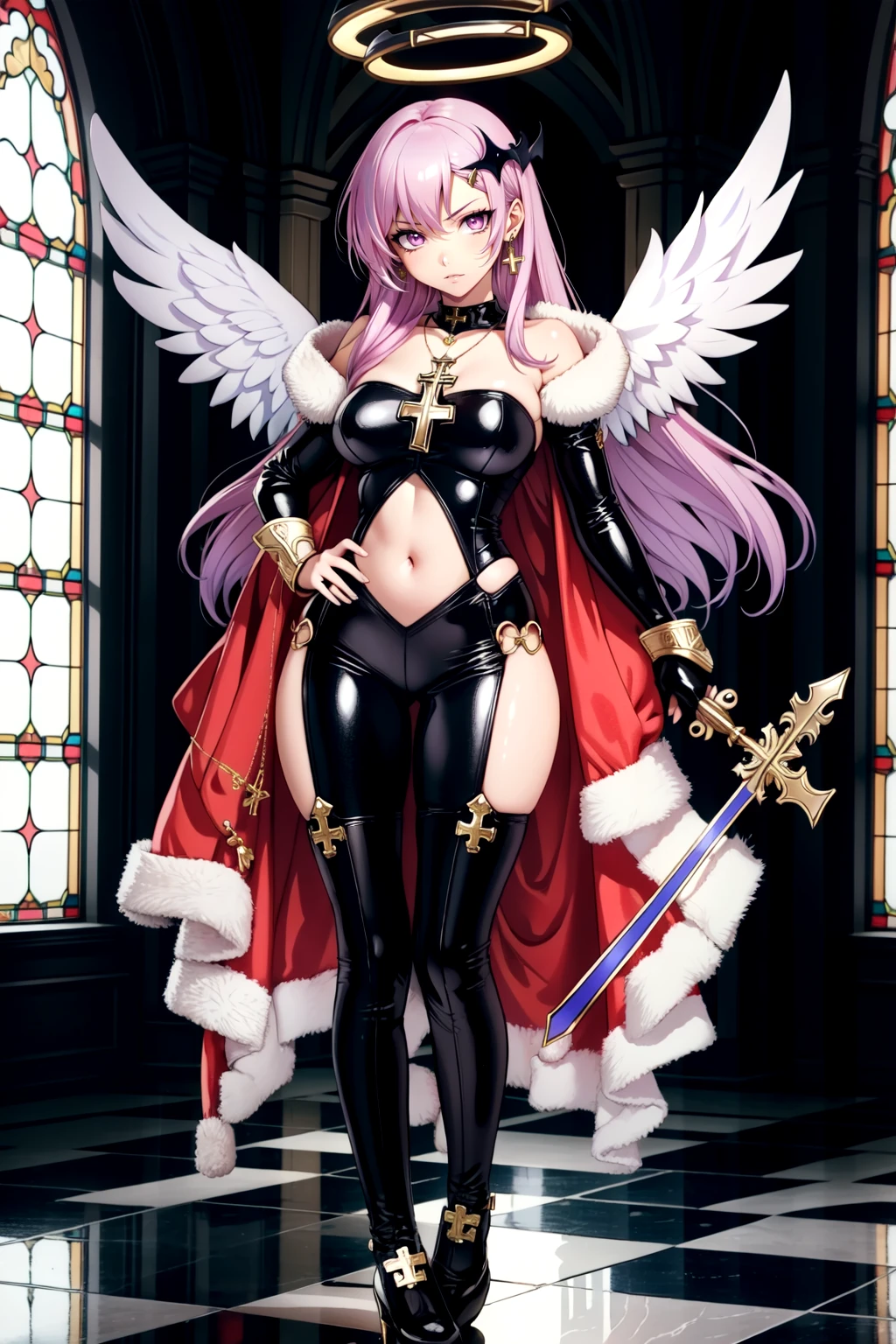 1girl,masterpiece,illustration,full body,disgust,chromatic aberration,hunter,huge weapon,necklace,hair ornament,long hair,vampire hunter,angel,halo,wings,angel wings,feathers,cross,cross necklace,earrings,pink eyes,purple hair,pennant,stained glass,latex bodysuit,hip vent,fur trim,(armor:1.1),(navel cutout:1.2),<lora:EnvyBeautyMix14:1>,