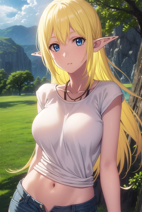 tukalunamarceau, <lora:tuka luna marceau s1s2-lora-nochekaiser:1>,
tuka luna marceau, long hair, blonde hair, pointy ears, elf, blue eyes,
BREAK jewelry, pants, necklace, denim, jeans, shirt, white shirt, short sleeves, collarbone, navel,
BREAK outdoors, forest, nature, grass, trees, sun, sky, clouds,
BREAK looking at viewer, (cowboy shot:1.5),
BREAK <lyco:GoodHands-beta2:1>, (masterpiece:1.2), best quality, high resolution, unity 8k wallpaper, (illustration:0.8), (beautiful detailed eyes:1.6), extremely detailed face, perfect lighting, extremely detailed CG, (perfect hands, perfect anatomy),